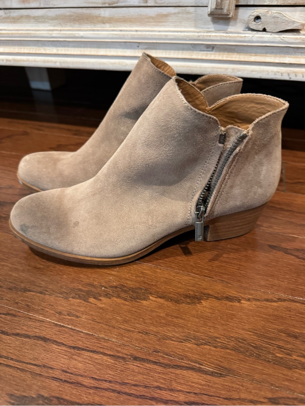 Lucky Brand Taupe Suede Ankle Booties with Side Zip